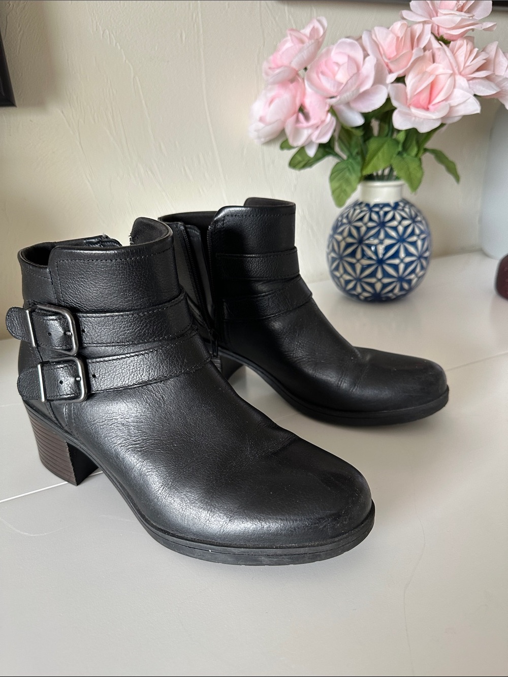 Clark’s Black Leather Ankle Boots with Buckle Straps